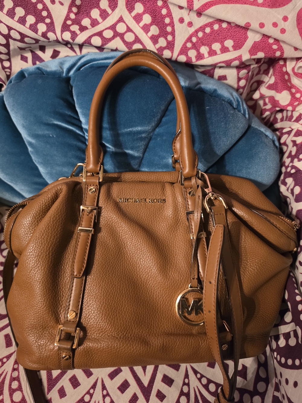 Michael Kors Tan Pebbled Leather Satchel with Gold Hardware And Matching Wallet